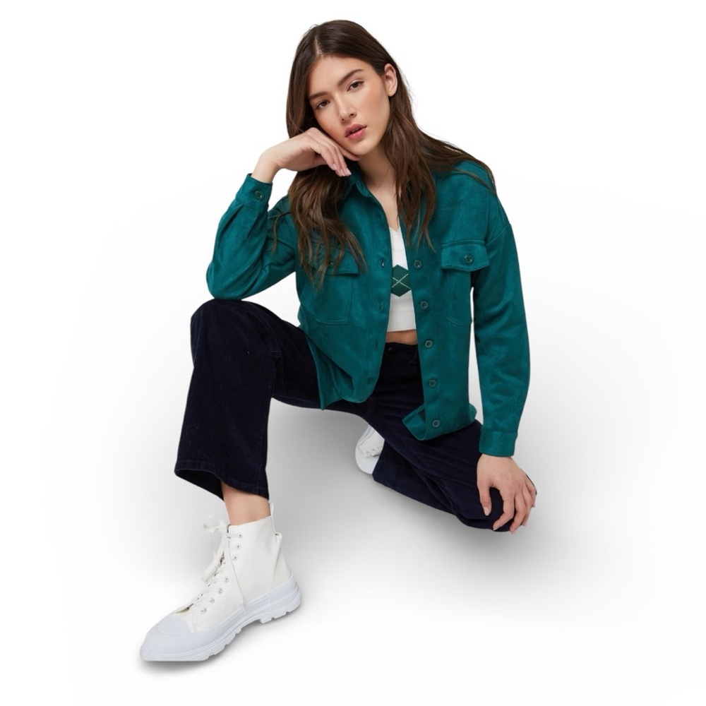 Ardene Turqoise Green Micro Suede Flap Pocket Oversized Shirt Jacket